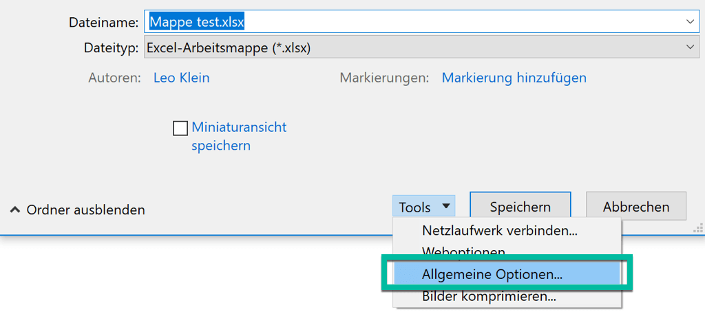 Allgemeine Option für Excel-Speicherung