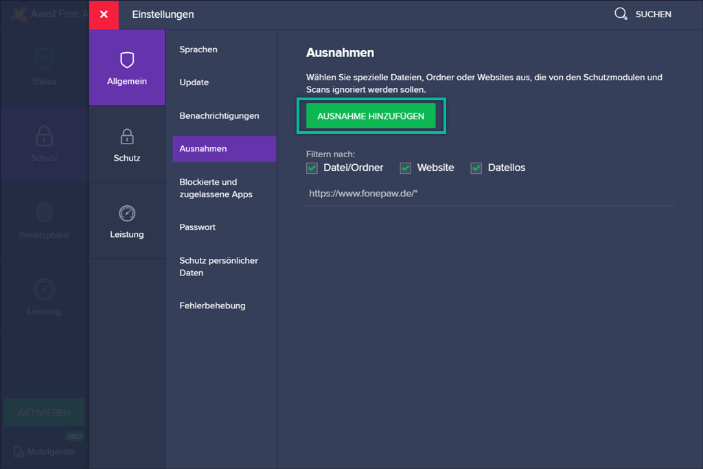 Datei vin den Schutzmoulen ignorieren Avast Free Antivirus