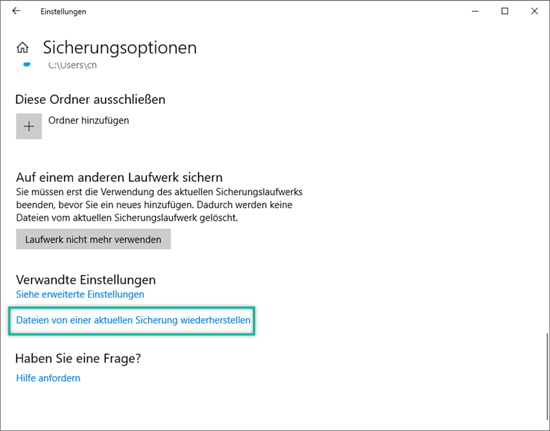 Weitere Optionen der Sicherung Windows