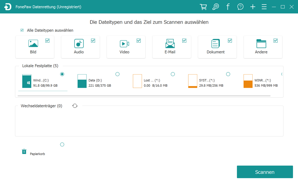 Dateitypen und Gerät auswählen