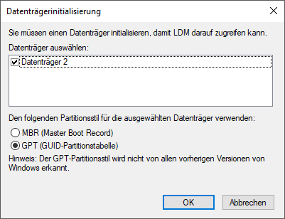 Datenträgerinitialisierung MBR oder GPT