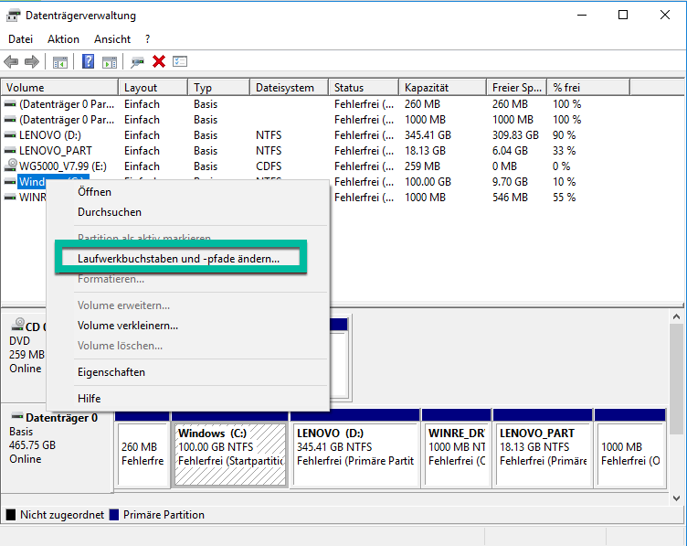 Laufwerkbustaben und -pfade ändern