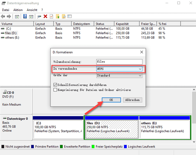 RAW in NTFS per Datenträgerverwaltung umwandeln