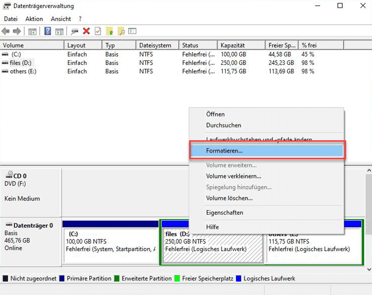 Formatieren von der Datenträgerverwaltung klicken