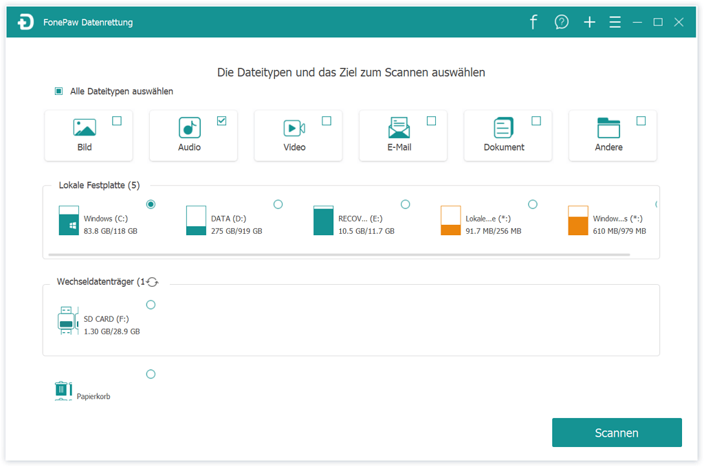 Audio zum Scannen auswählen