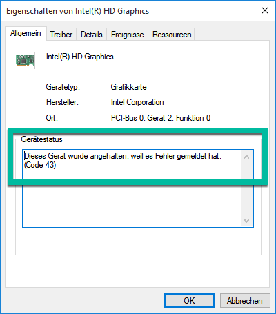 Dieses Gerät wurde angehalten, weil es Fehler gemeldet hat. (Code 43)