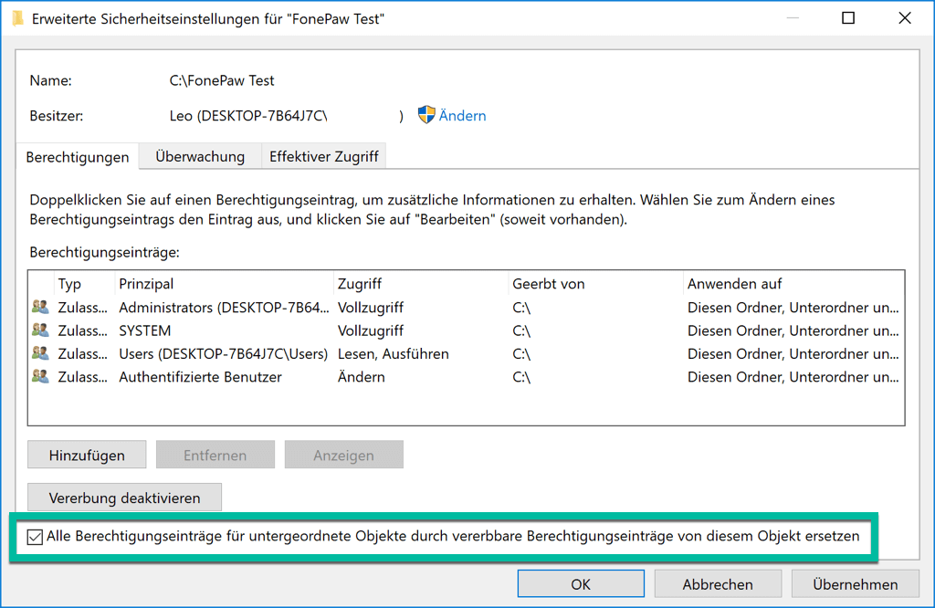 Erweiterte Sicherheitseinstellungen für Ordner