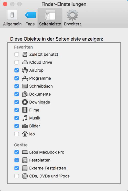 Externe Festplatten auf Mac Finder anzeigen