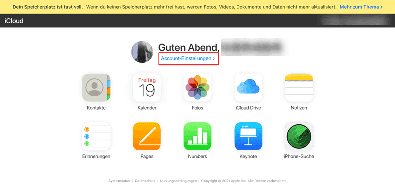 iCloud sich anmelden und zu Account-Einstellungen gehen