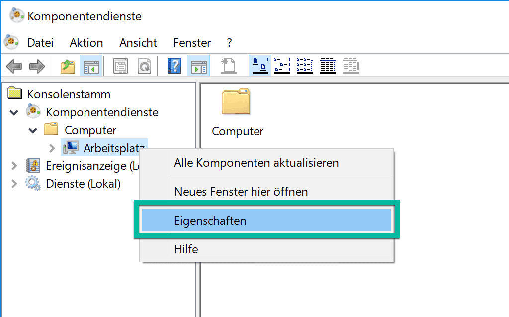 Arbeitsplatz Eigenschaften öffnen in Komponentendienste