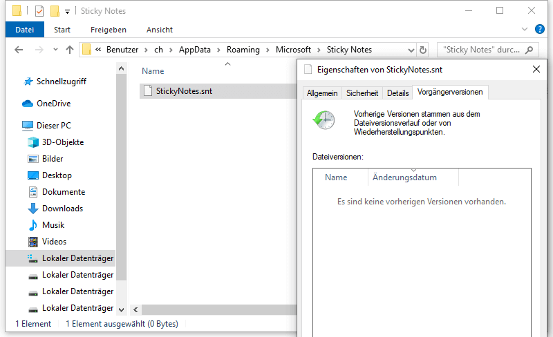 Kurznotizen wiederherstellen von Vorgängerversionen