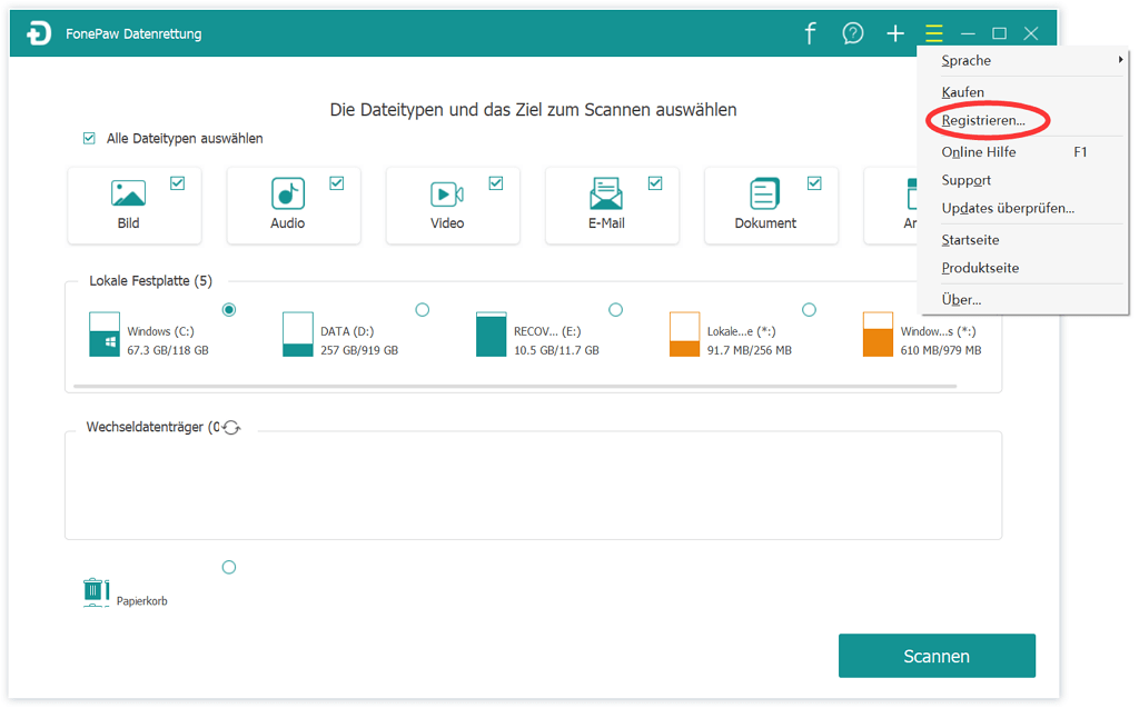 FonePaw Datenrettung registrieren