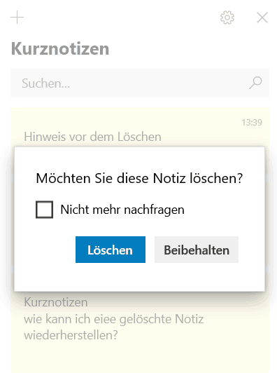 Löschwarnungen von Kurznotizen