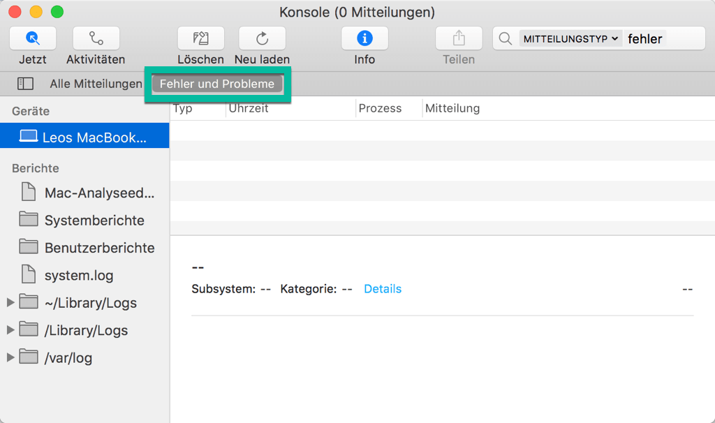 Mac Konsole Fehler und Probleme