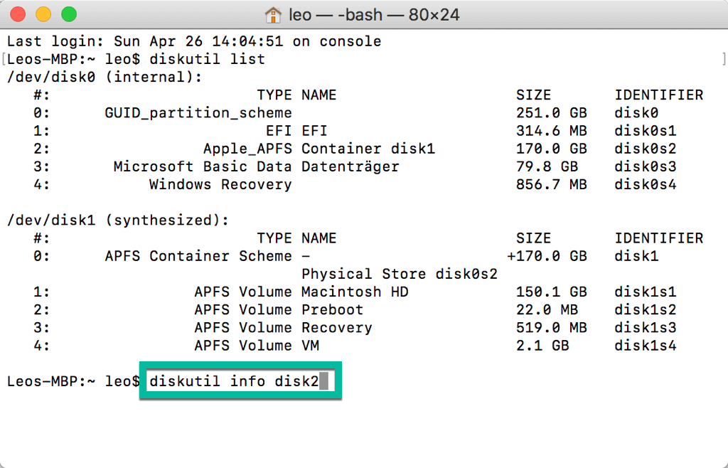 diskutil info disk2 in Terminal eingeben