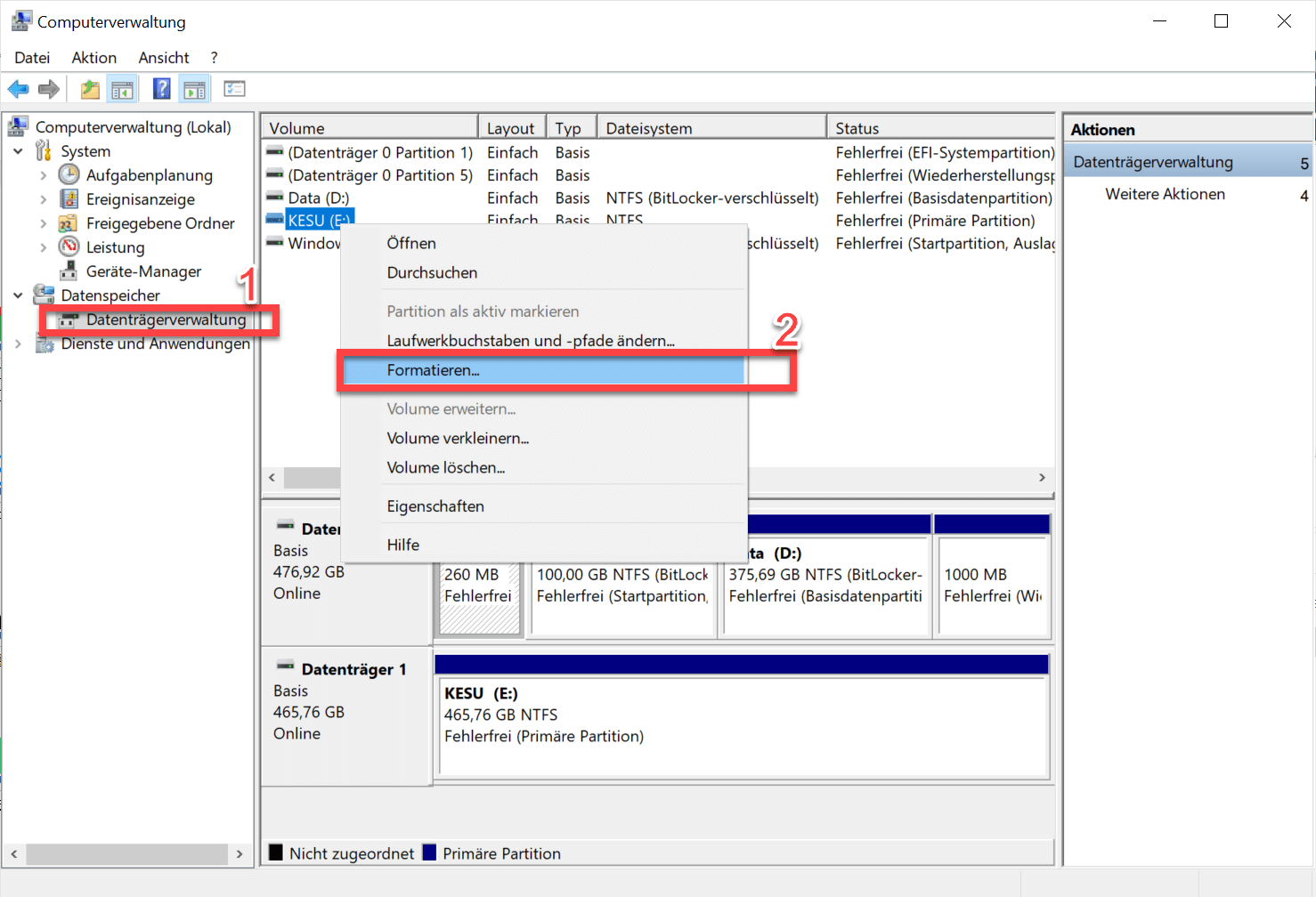 USB mit Datentraegerverwaltung formatieren