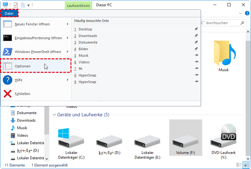 Optionen im Datei-Explorer Windows