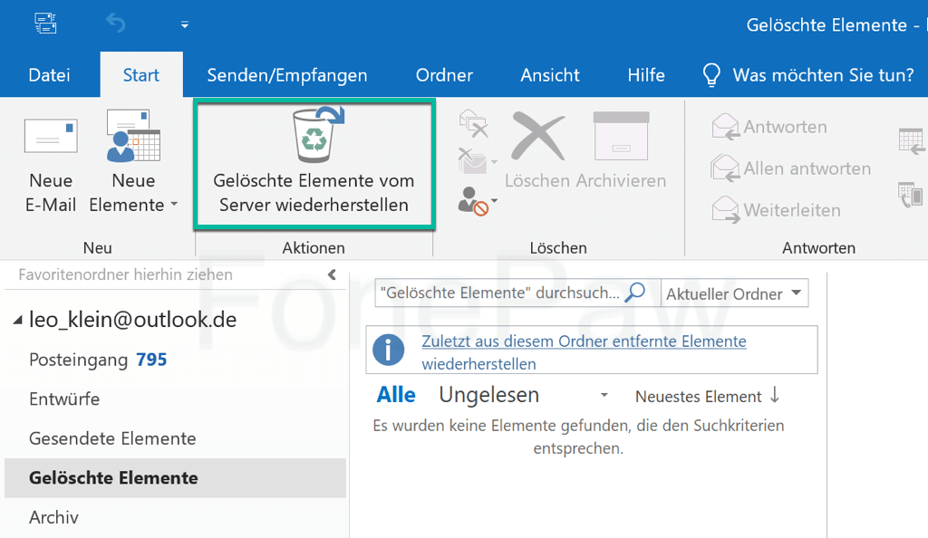 Outlook gelöschte Elemente vom Server wiederherstellen