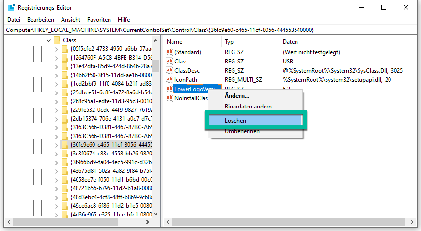 Registrierungs-Editor Lower Class löschen