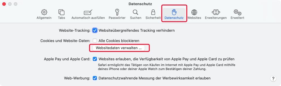 Safari Websitedaten verwalten