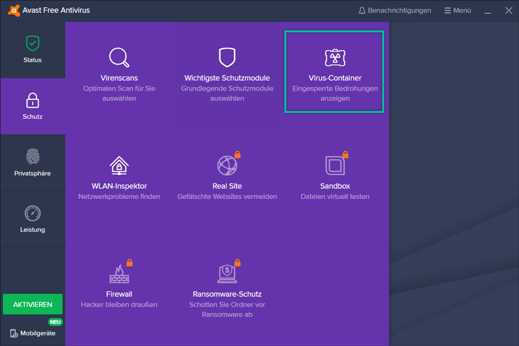Avast Virus Container öffnen
