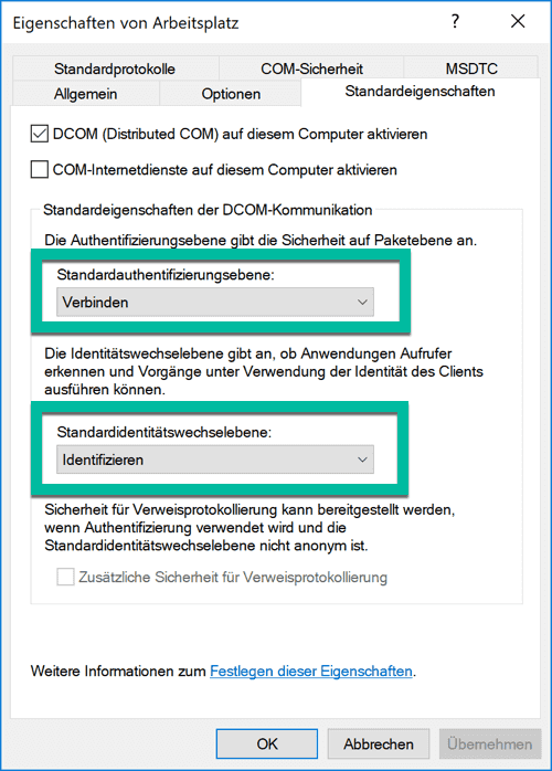 Einstellungen in Standardeigenschaften