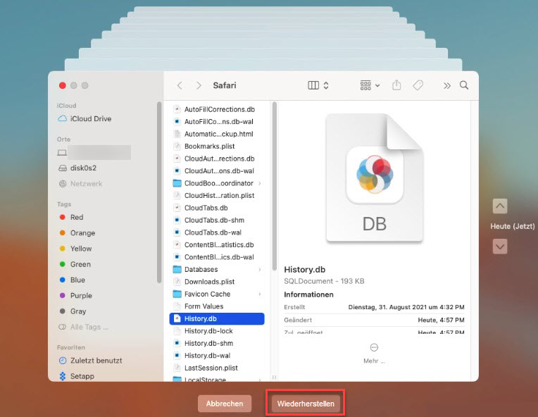 Safari-Verlauf wiederherstellen durch Time Machine