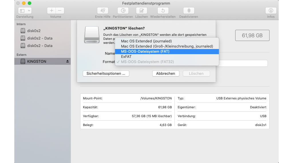 USB formatieren unter MacOS 10