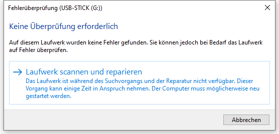 USB Stick Fehlerüberprüfung