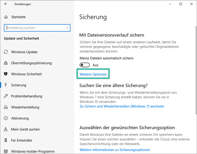Weitere Optionen der Sicherung Windows