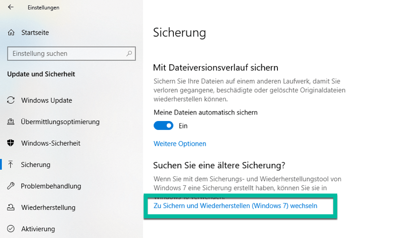 Ältere Sicherung von Windows 10 suchen