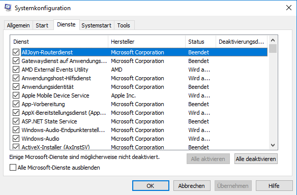Windows-Systemkonfiguration Alle Dienste deaktivieren
