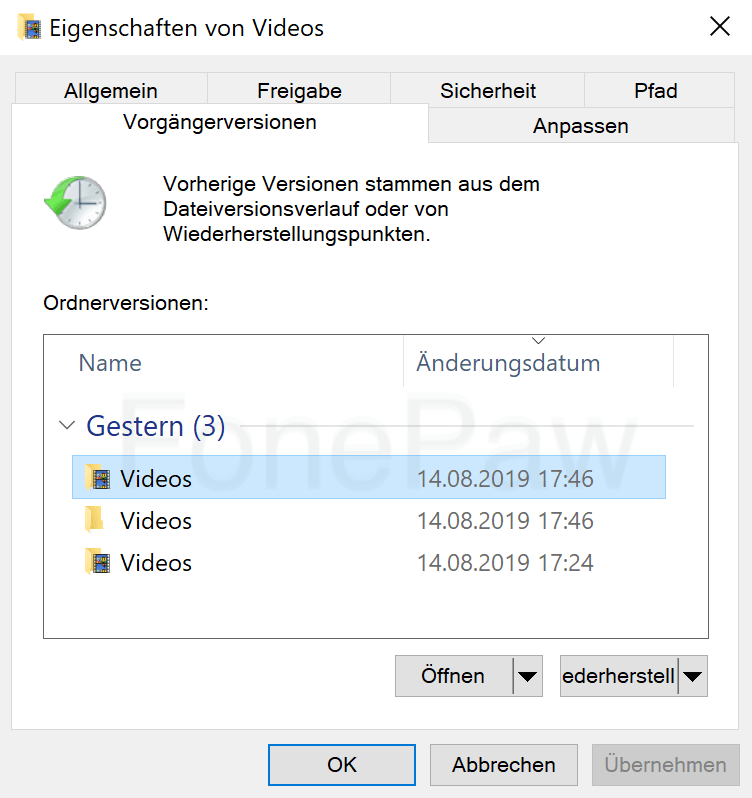 Vorgängerversionen Wiederherstellen Windows