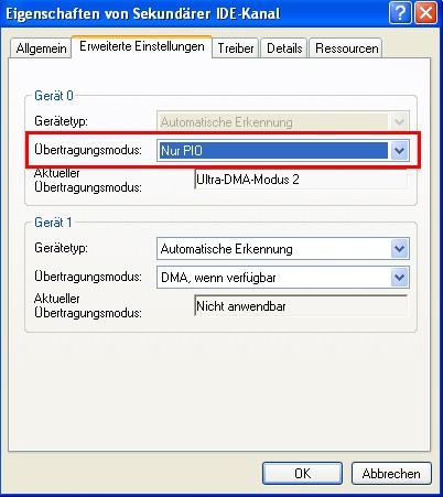 Windows IDE Kanal Übertragungsmodus