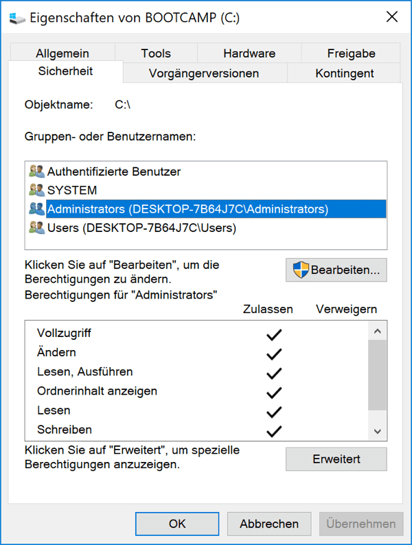 Ordner Vollzugriff zulassen