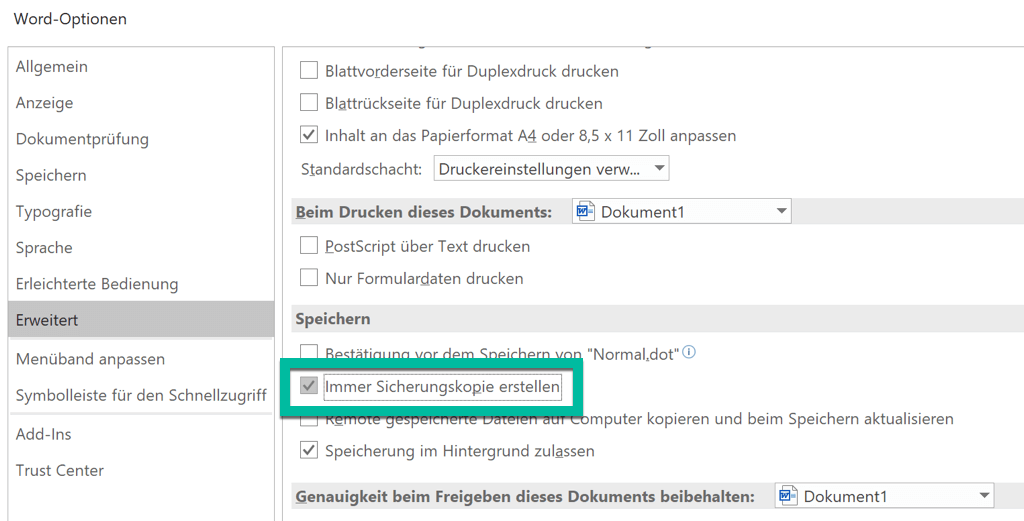 Word Immer Sicherungskopie erstellen