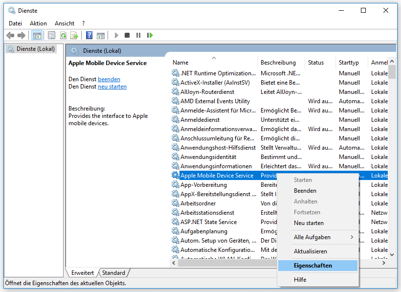 Eigenschaften vom Apple Mobile Device Service