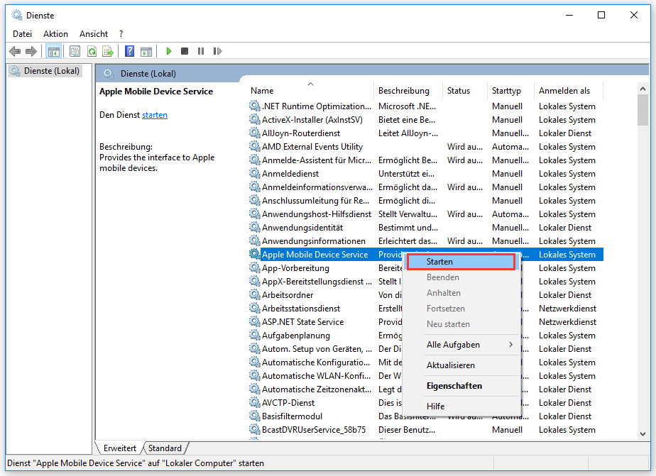 Apple Mobile Device Service starten