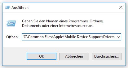 Speicherort vom Apple Mobile Device USB Driver öffnen