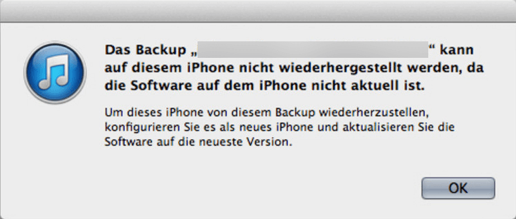 Backup kann nicht wiederhergestellt werden, da die Software nicht aktuell ist