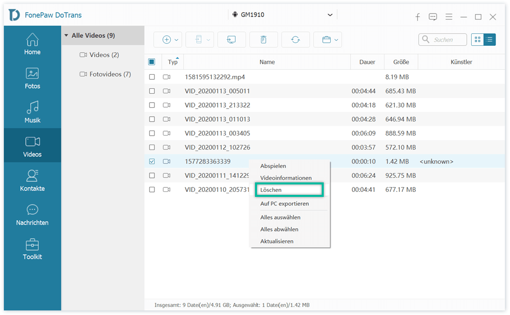 Handy-Datei löschen DoTrans