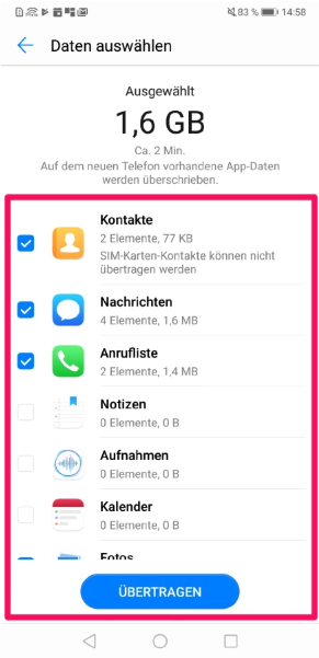 Daten auf Huawei übertragen Phone Clone