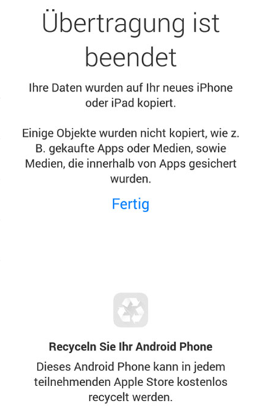 Datenübertragung abgeschlossen Move to iOS