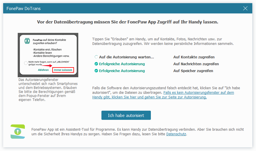 Handy-Datenzugriff autorisieren