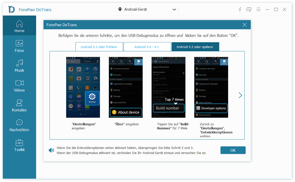 USB Debugging aktivieren auf dem Handy