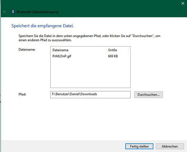Empfangene Datei speichern Bluetooth