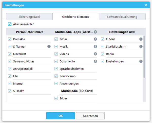 Gesicherte Elemente auswählen Samsung Smart Switch