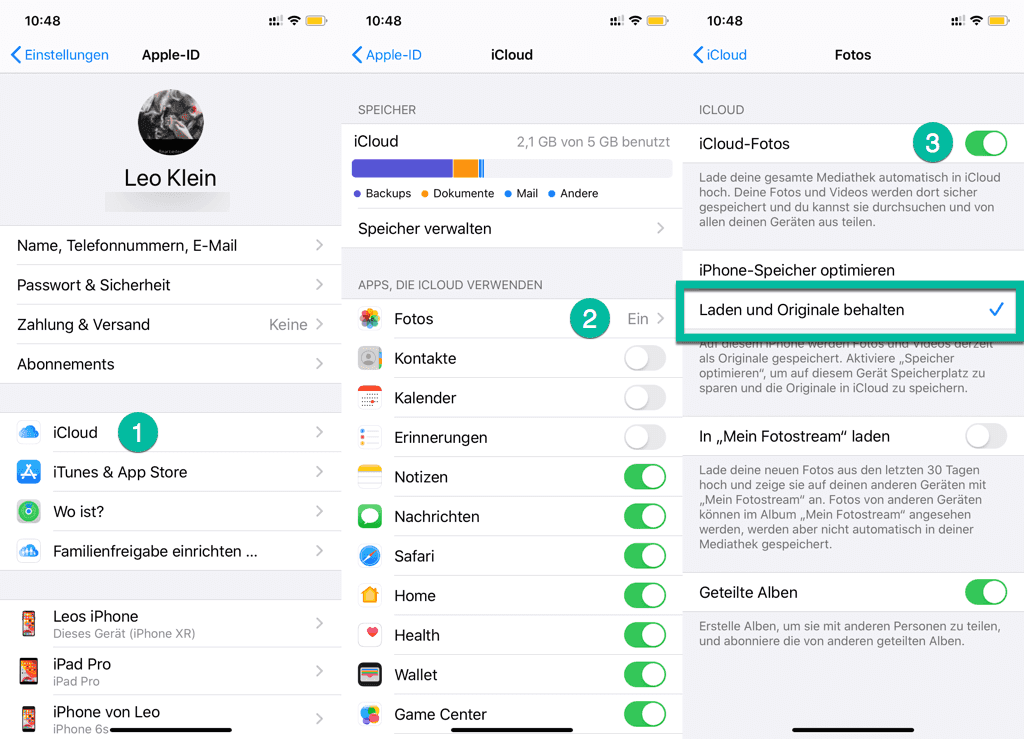 iCloud Fotos laden und Originale behalten auf iPhone