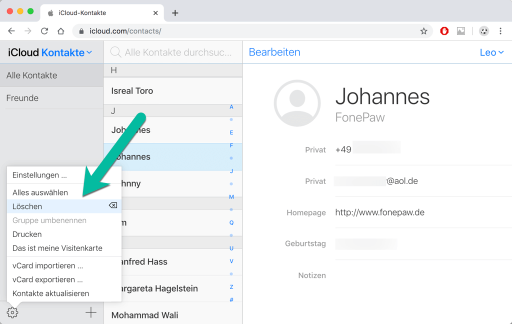 iCloud Kontakte löschen