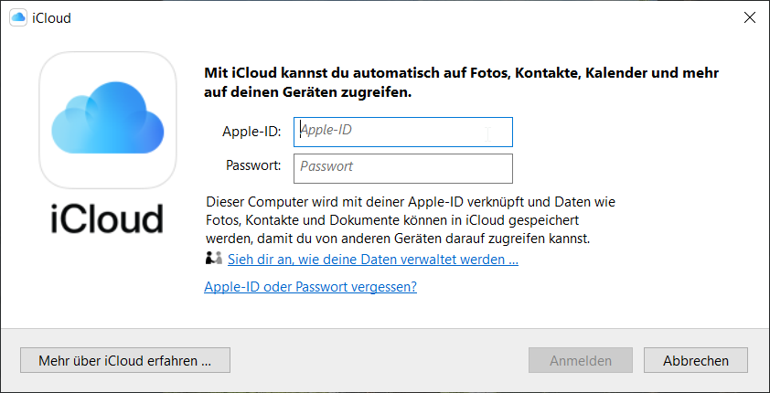 iCloud-Konto in Windows PC sich anmelden